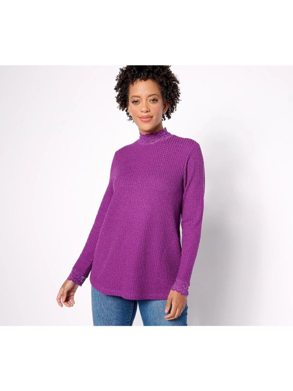 LOGO by Lori Goldstein Top Small Metallic Waffle Knit Mock Neck Lace Purple NEW